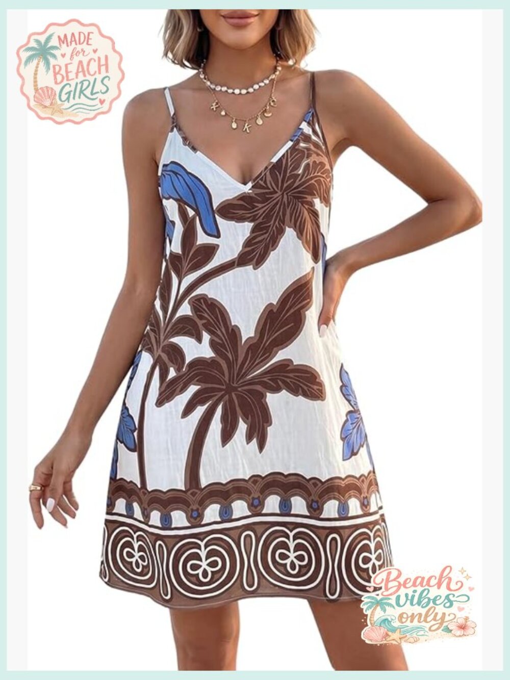 Tropical Print Backless Mini Dress Deep V Neck Flowy Beach Vacation Outfit